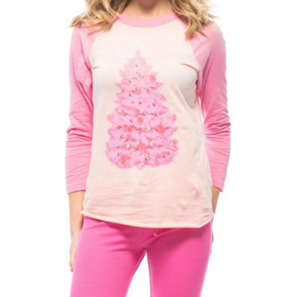 WILDFOX pink Christmas tree raglan tee